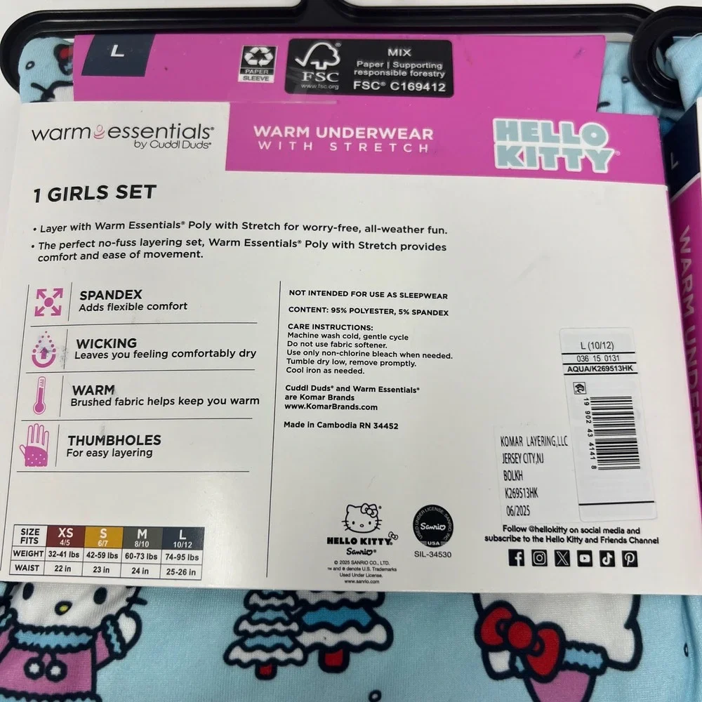 LOT of 2 Cuddl Duds Warm Essentials Thermal Girls L 10/12 Hello Kitty 2 pc Set